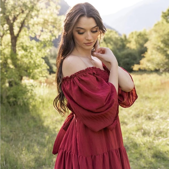 NWT Jovi Lynn Smocked Midi Dress with Pockets - Deep Red - Picture 6 of 9